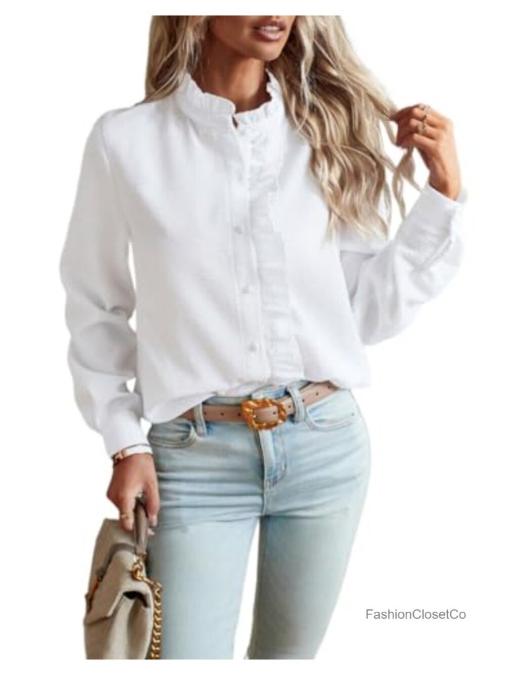 Ruffle Button Down Shirt Stand Collar Loose Fit Work Blouse for Women